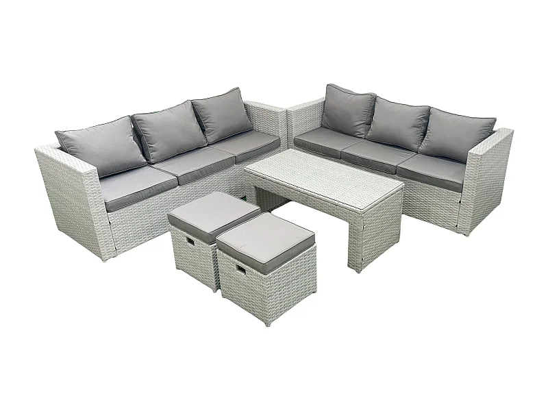 8 places Salon de Jardin Extérieur Canapé de jardin en rotin Table basse oblongue avec 2 Petit pouf Gris clair mixte