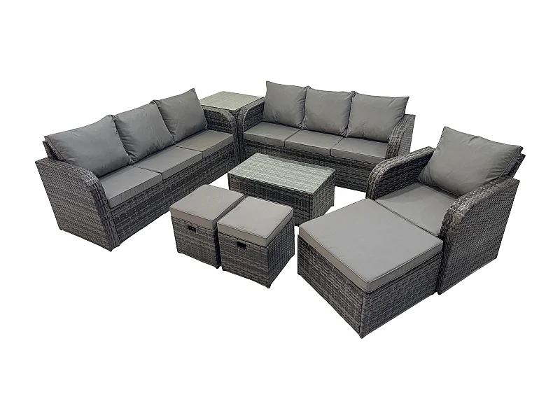 10 places Ensemble de canapés en rotin salon de jardin avec Table basse rectangulaire Canapé 3 places 3 Tabourets Table d'appoint Gris foncé mixte