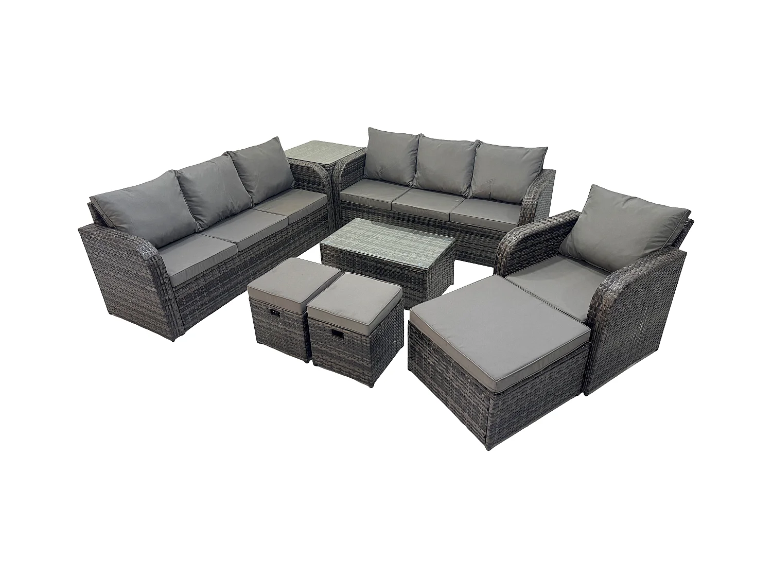 10 places Ensemble de canapés en rotin salon de jardin avec Table basse rectangulaire Canapé 3 places 3 Tabourets Table d'appoint Gris foncé mixte