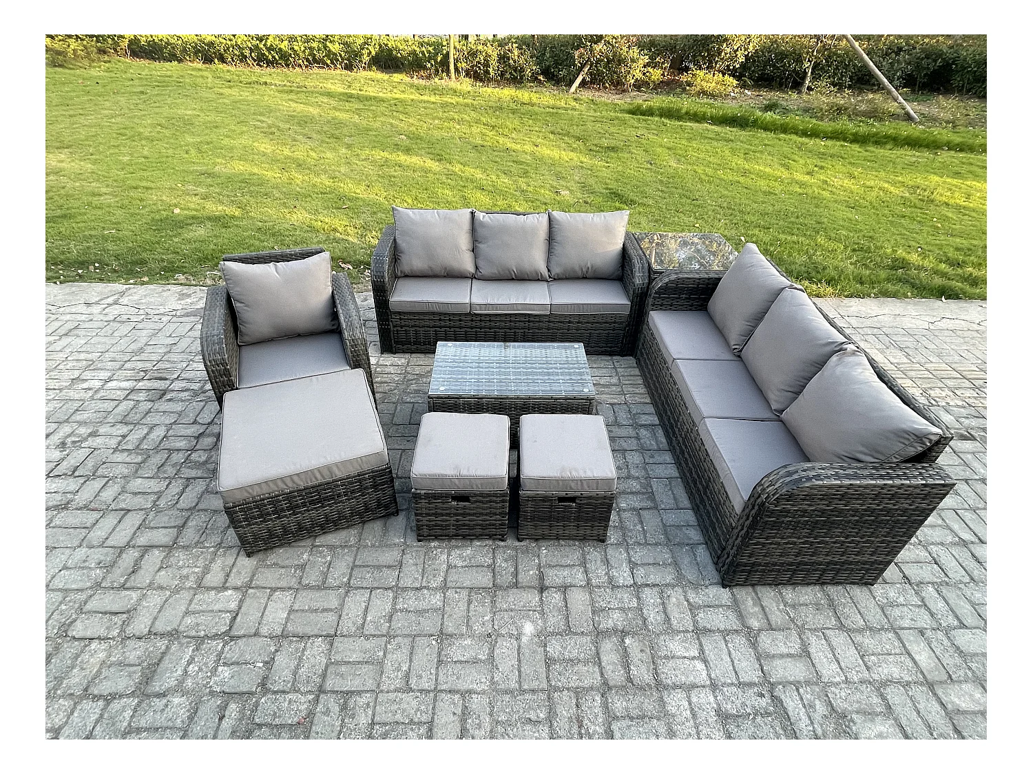 10 places Ensemble de canapés en rotin salon de jardin avec Table basse rectangulaire Canapé 3 places 3 Tabourets Table d'appoint Gris foncé mixte