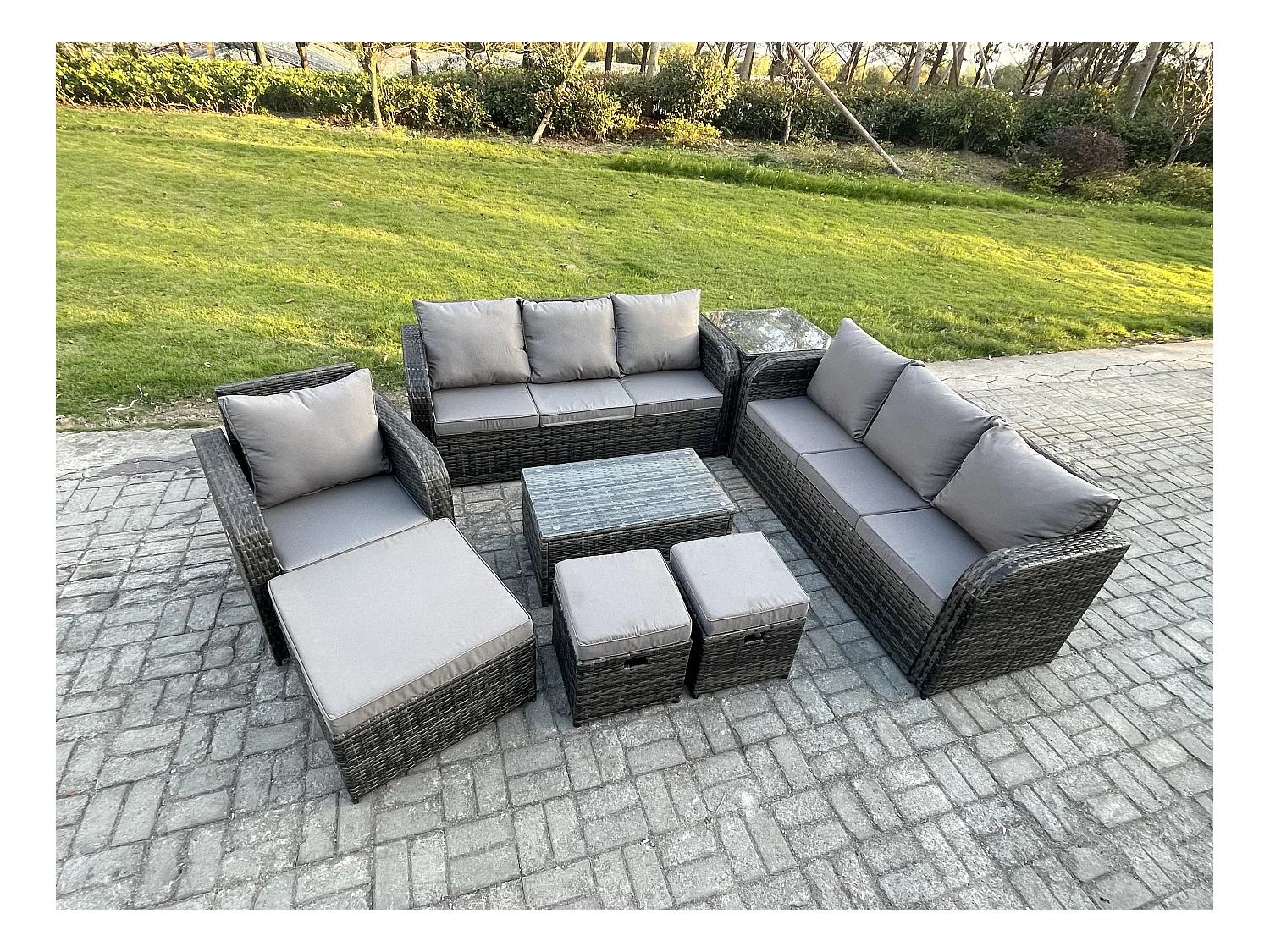 10 places Ensemble de canapés en rotin salon de jardin avec Table basse rectangulaire Canapé 3 places 3 Tabourets Table d'appoint Gris foncé mixte