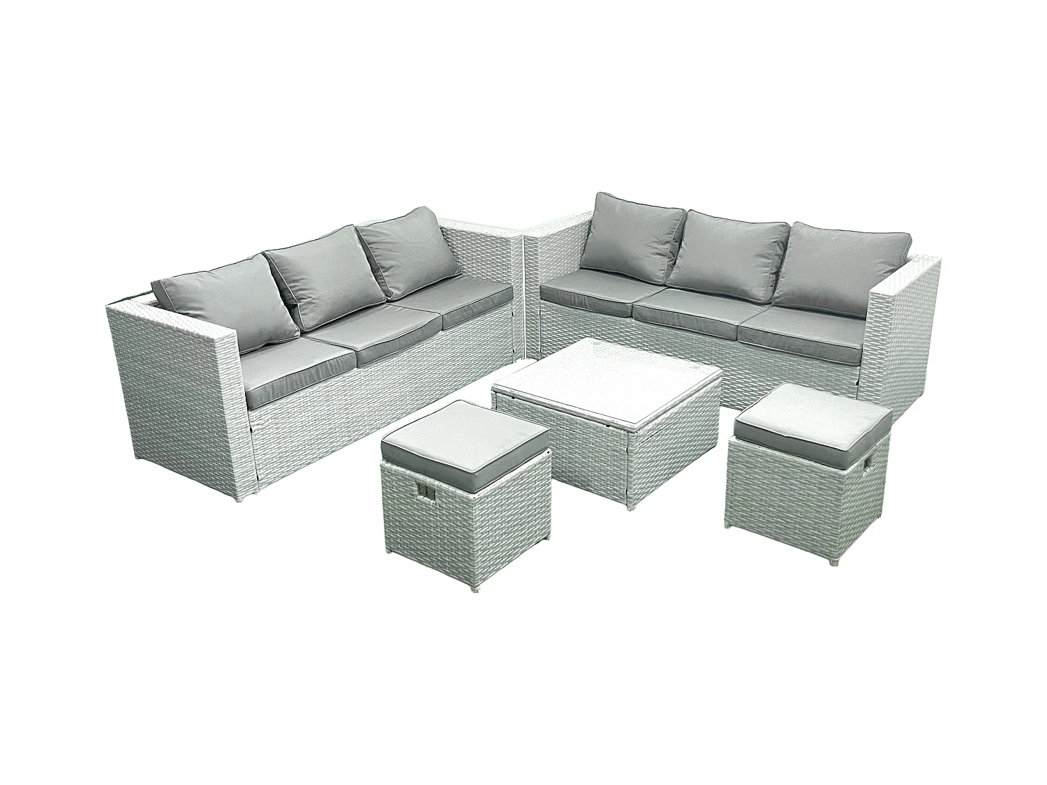 Salon de Jardin Exterieur en Résine 8 places avec Canapé 2 Petits tabourets Gris clair mixte