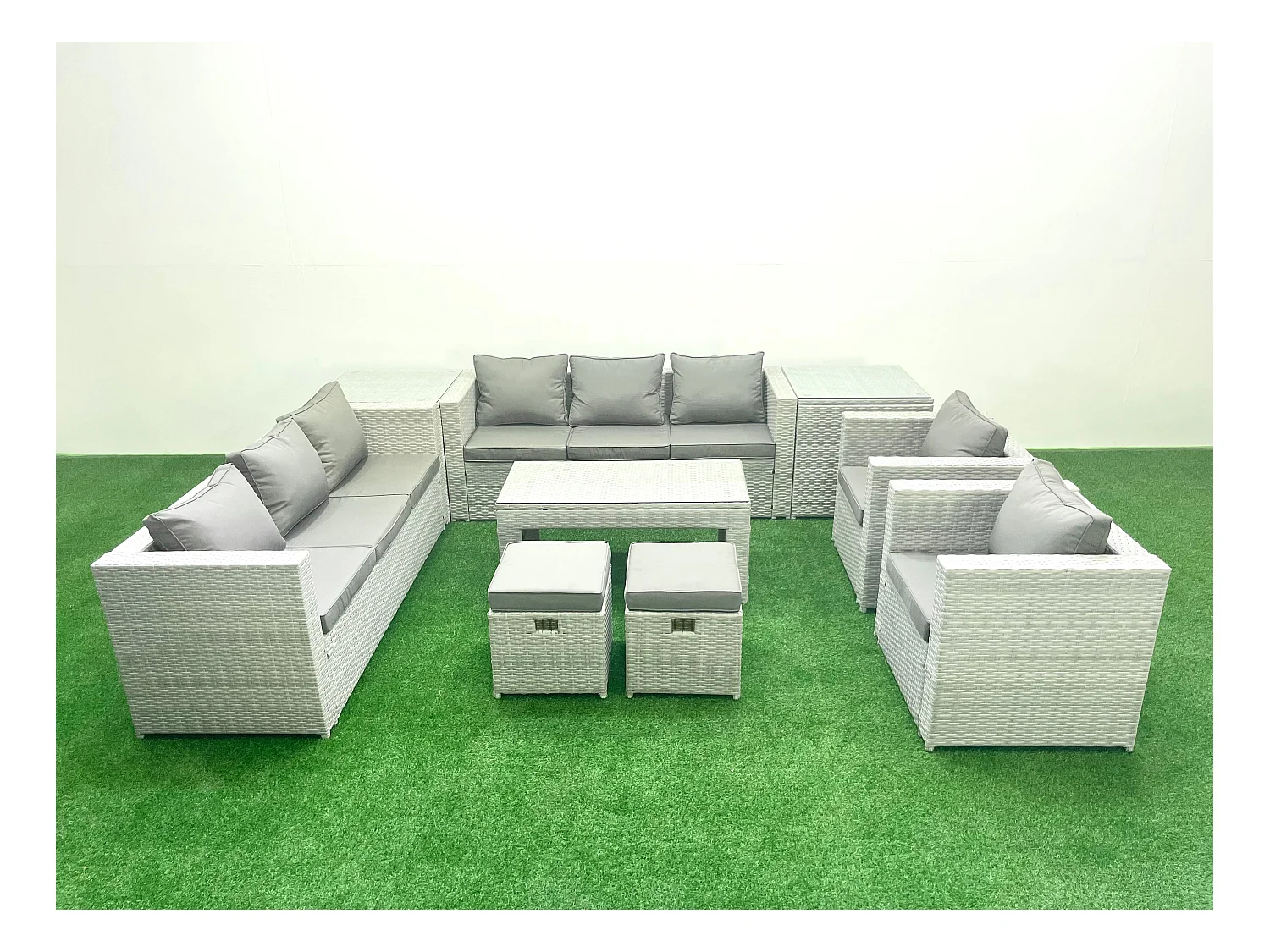 Ensembles de meubles d'extérieur avec 2 Fauteuil Table basse oblongue 2 Petits tabourets 2 Tables d'appoint Gris clair mixte