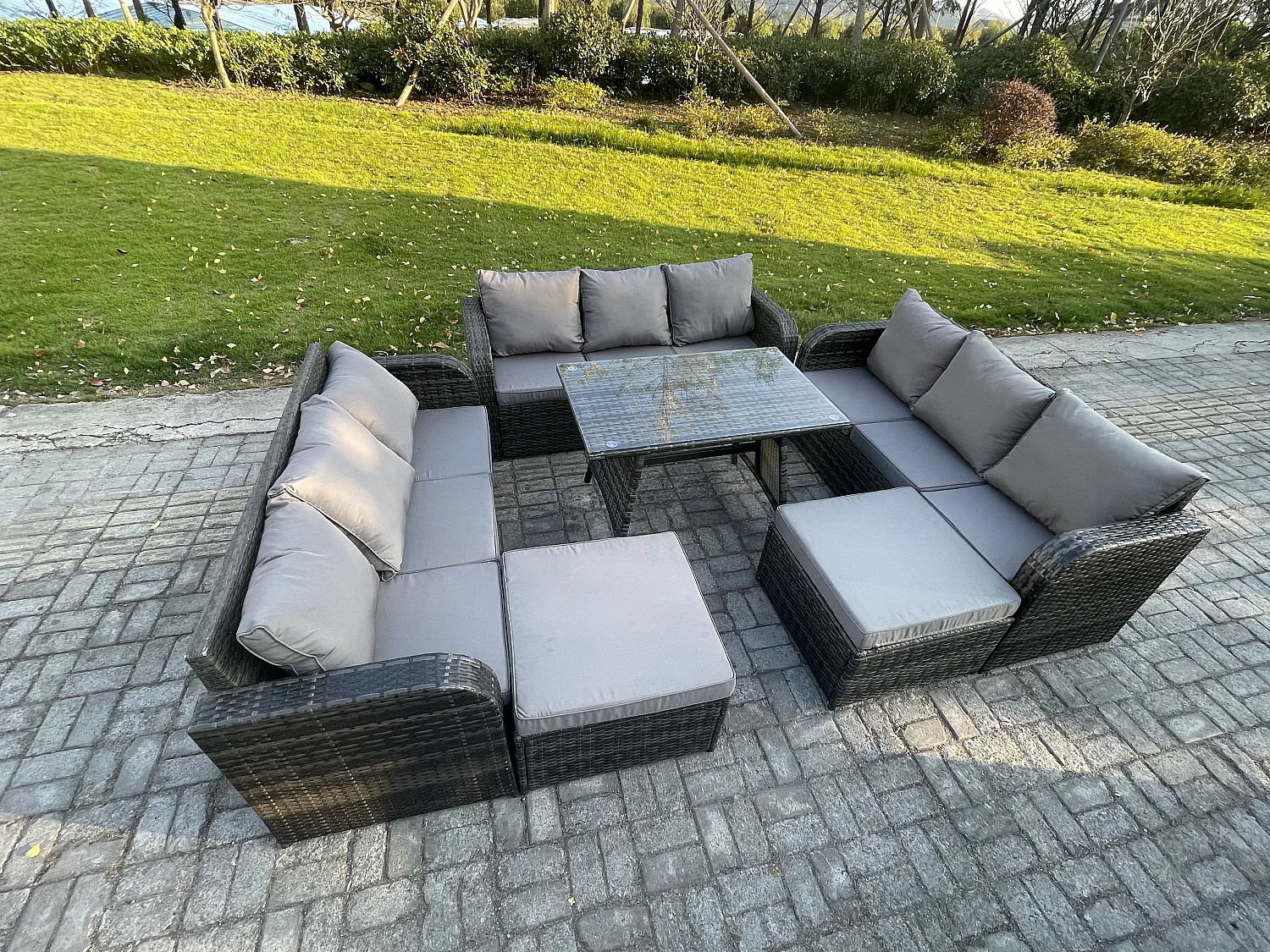 Salon de jardin exterieur 11 places Table à manger rectangulaire 2 Grand tabourets Gris foncé mixte