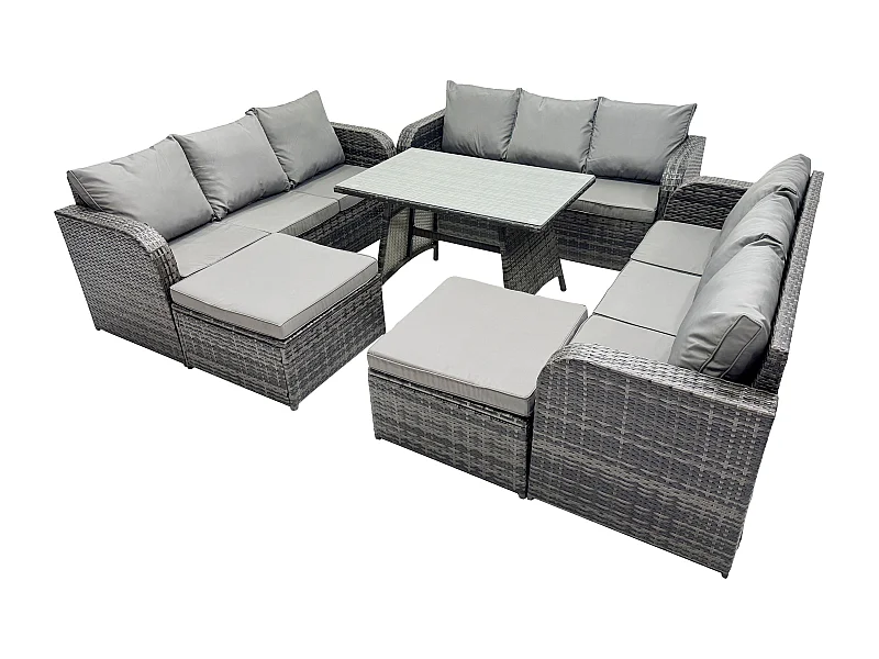 Salon de jardin exterieur 11 places Table à manger rectangulaire 2 Grand tabourets Gris foncé mixte