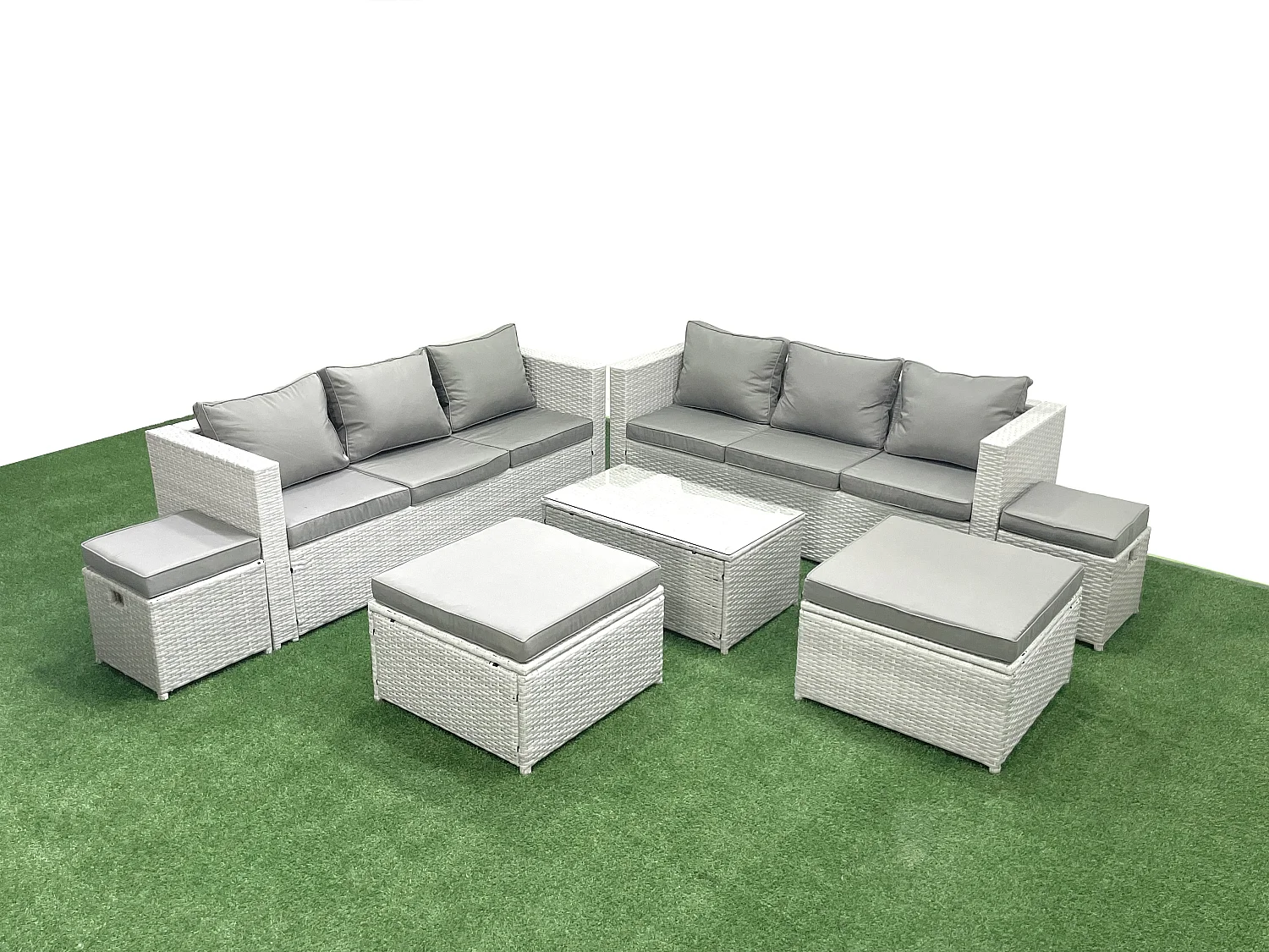 7 Pièces Salon de jardin Canapé de jardin Table basse avec 4 Tabourets Gris clair mixte