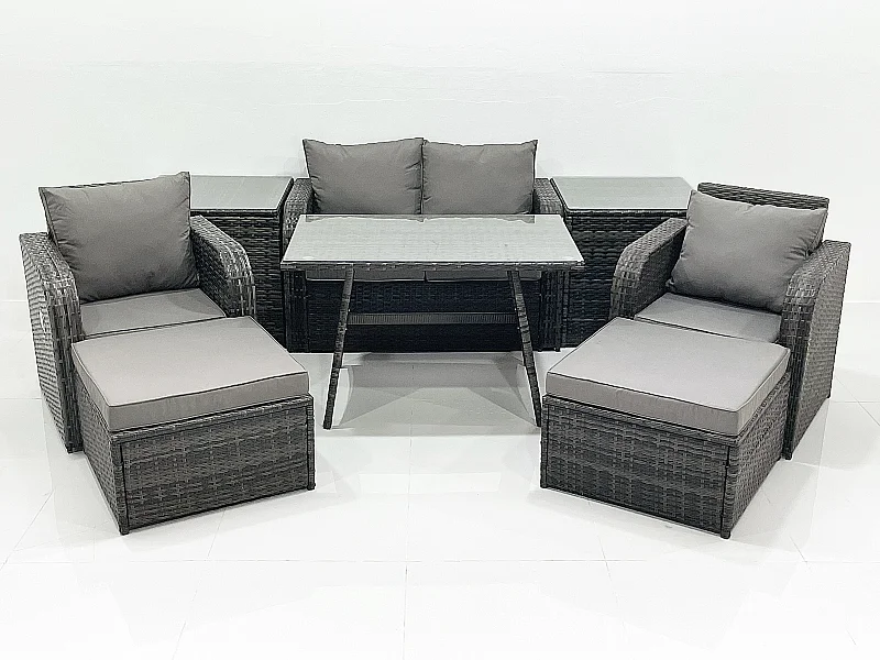 Gartenmöbel-Set Rattan Sofa Esstisch Set mit Liegestühle 2 hohen Hockern 2 Beistelltischen Dunkelgrau Gemischt