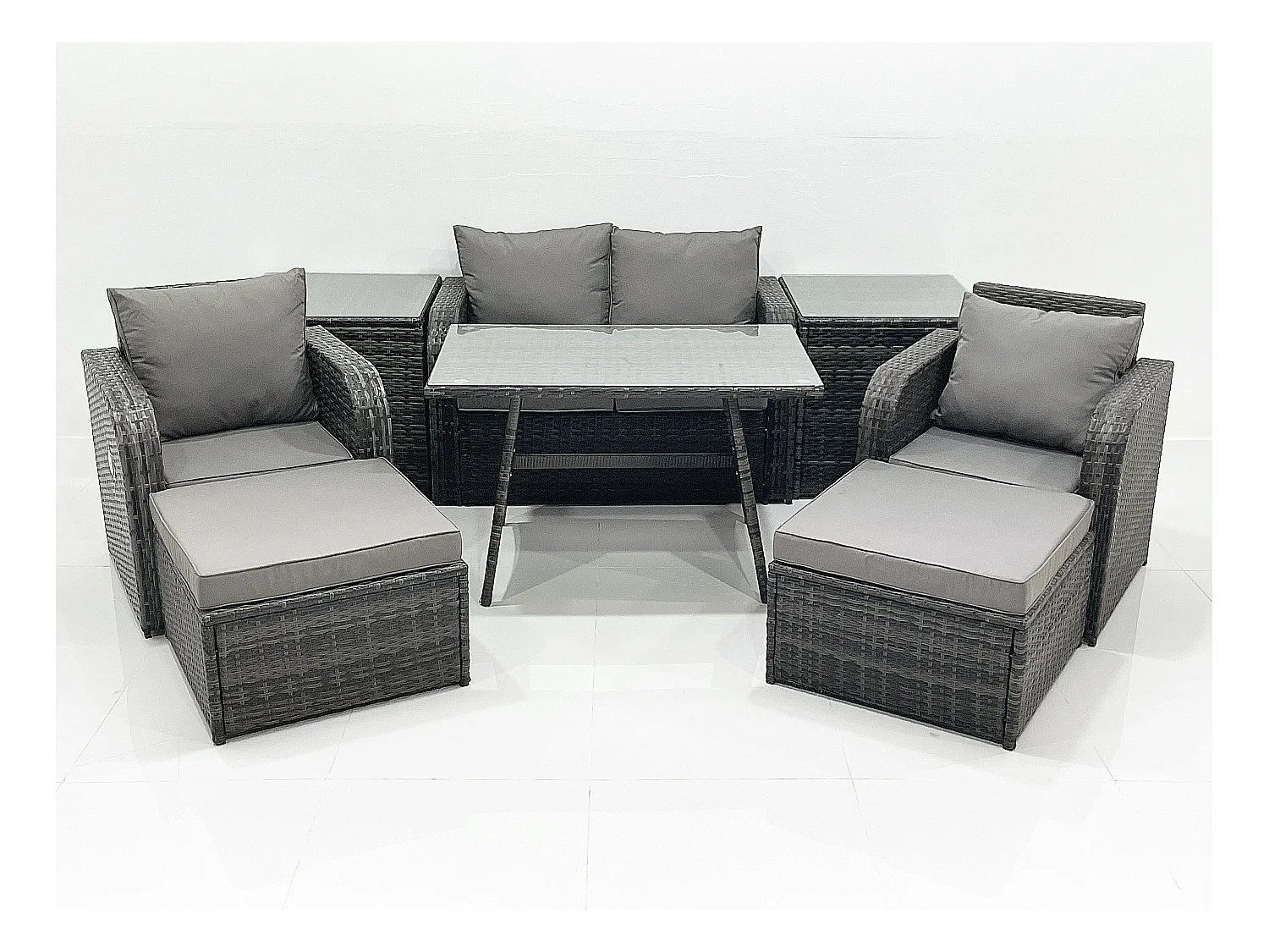 Gartenmöbel-Set Rattan Sofa Esstisch Set mit Liegestühle 2 hohen Hockern 2 Beistelltischen Dunkelgrau Gemischt