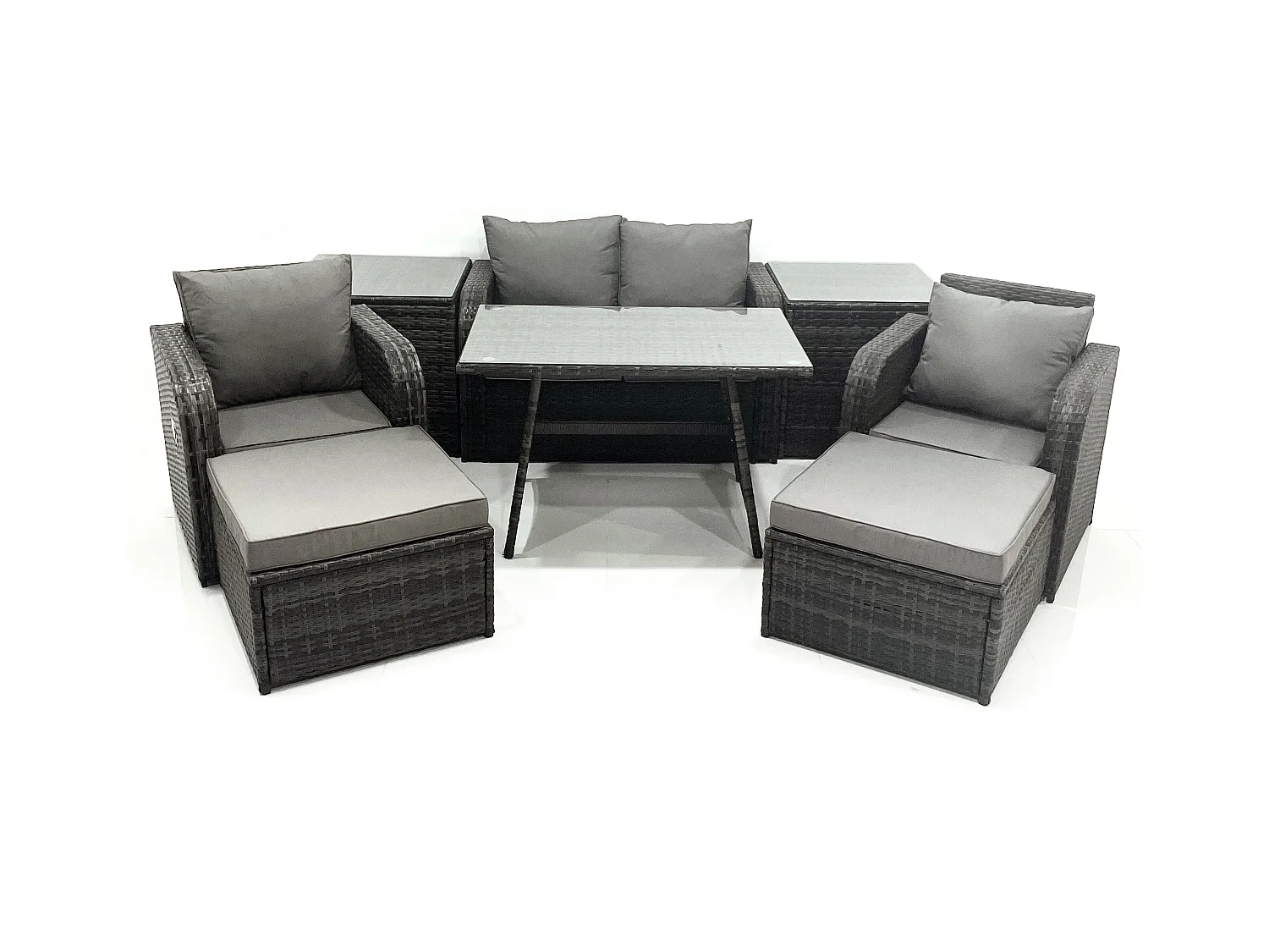 Gartenmöbel-Set Rattan Sofa Esstisch Set mit Liegestühle 2 hohen Hockern 2 Beistelltischen Dunkelgrau Gemischt