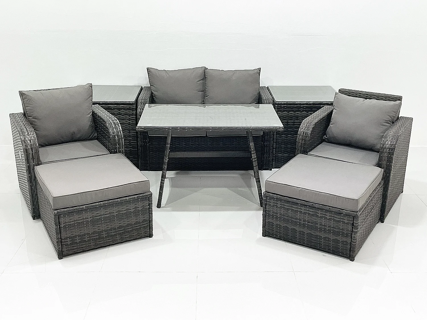Gartenmöbel-Set Rattan Sofa Esstisch Set mit Liegestühle 2 hohen Hockern 2 Beistelltischen Dunkelgrau Gemischt