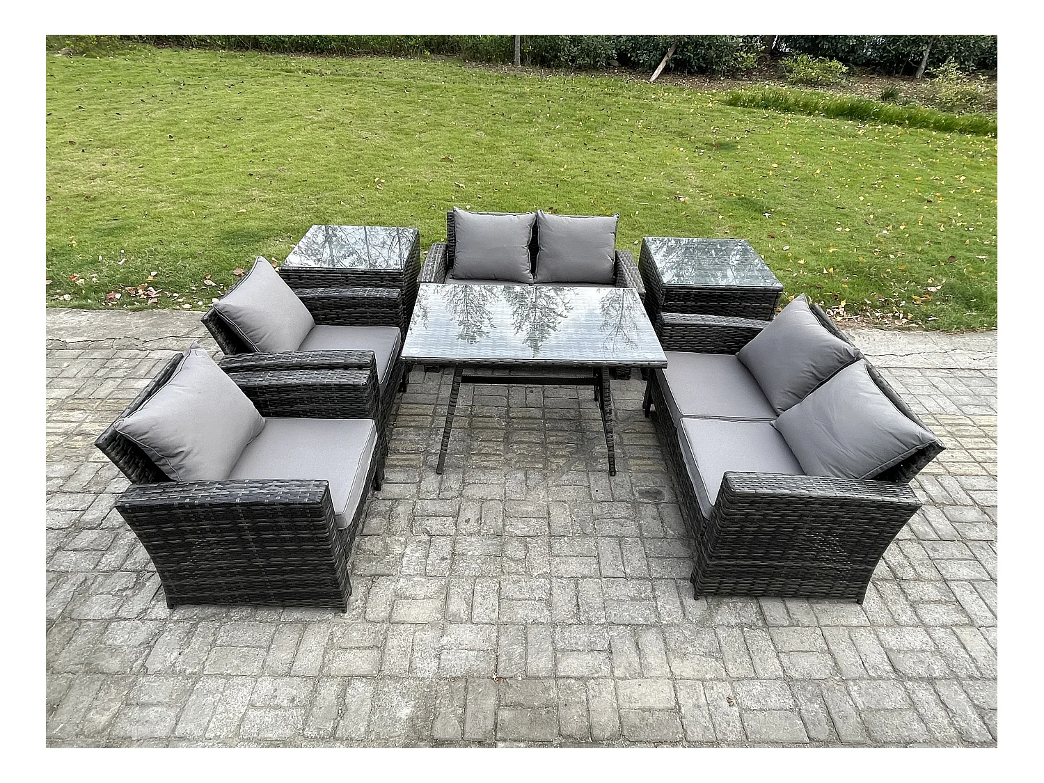 Salon de jardin avec Table à manger rectangulaire Canapé à deux places 2 Tables d'appoint Gris foncé mixte