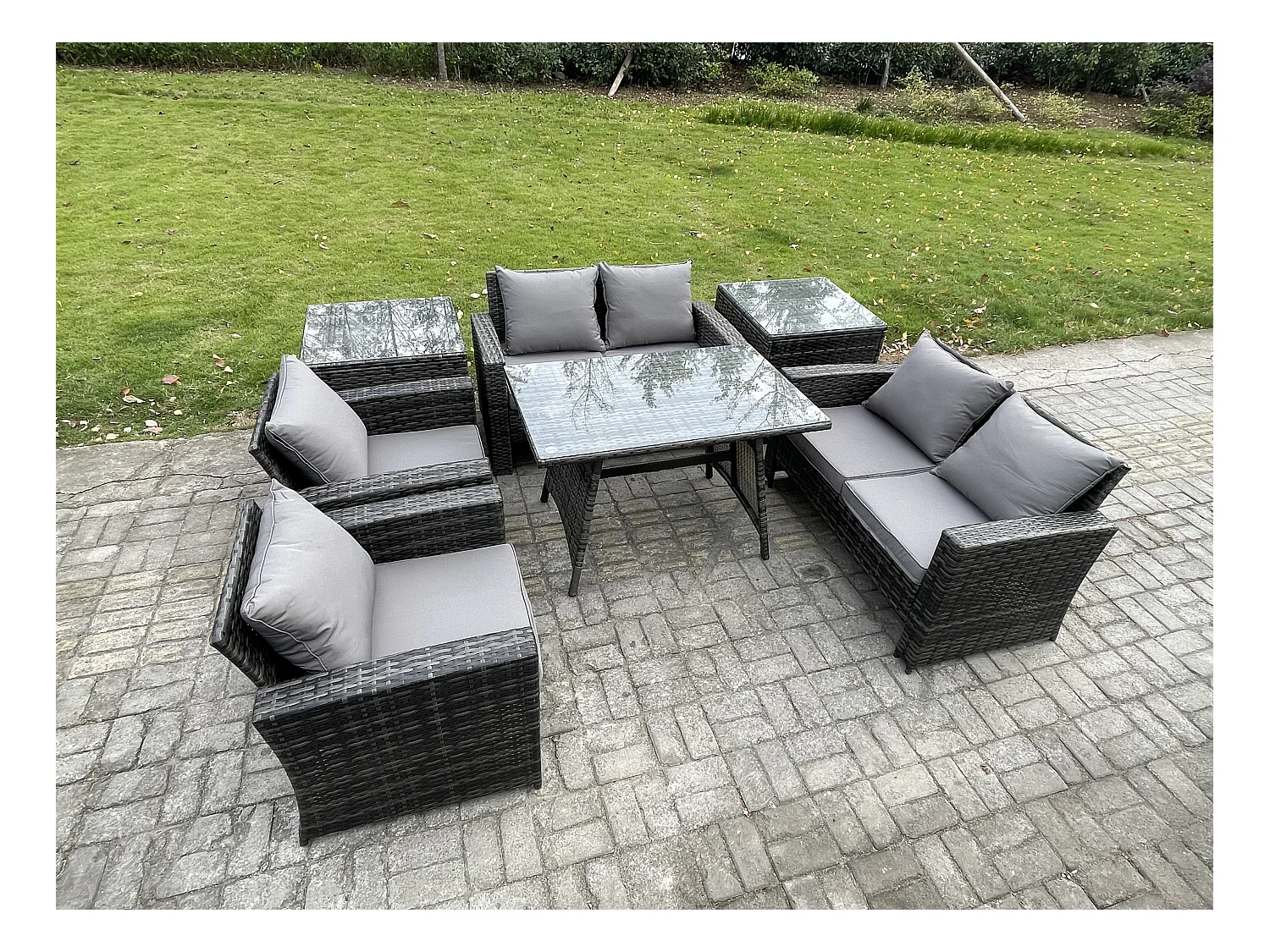 Salon de jardin avec Table à manger rectangulaire Canapé à deux places 2 Tables d'appoint Gris foncé mixte