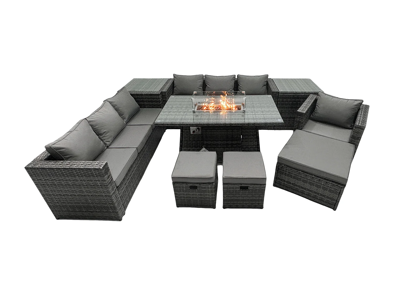 Ensemble de meubles de jardin en rotin ave Table de foyer à gaz 10 places Ensemble de canapés avec 2 Tables d'appoint 3 Tabourets