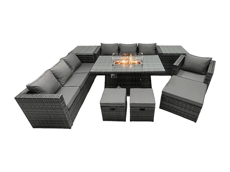 Ensemble de meubles de jardin en rotin ave Table de foyer à gaz 10 places Ensemble de canapés avec 2 Tables d'appoint 3 Tabourets