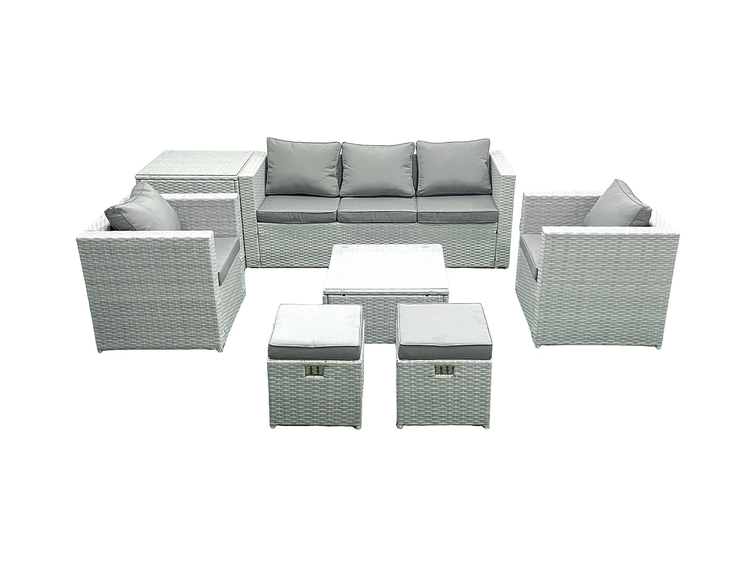 7 places Salon de jardin avec Canapé 3 places 2 Chaise Table basse carrée 2 Petits tabourets Table d'appoint Gris clair mixte