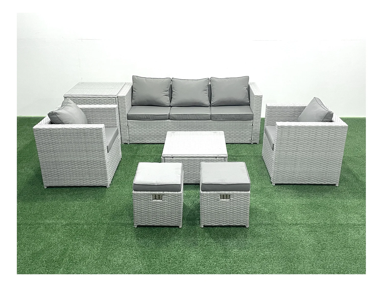 7 places Salon de jardin avec Canapé 3 places 2 Chaise Table basse carrée 2 Petits tabourets Table d'appoint Gris clair mixte