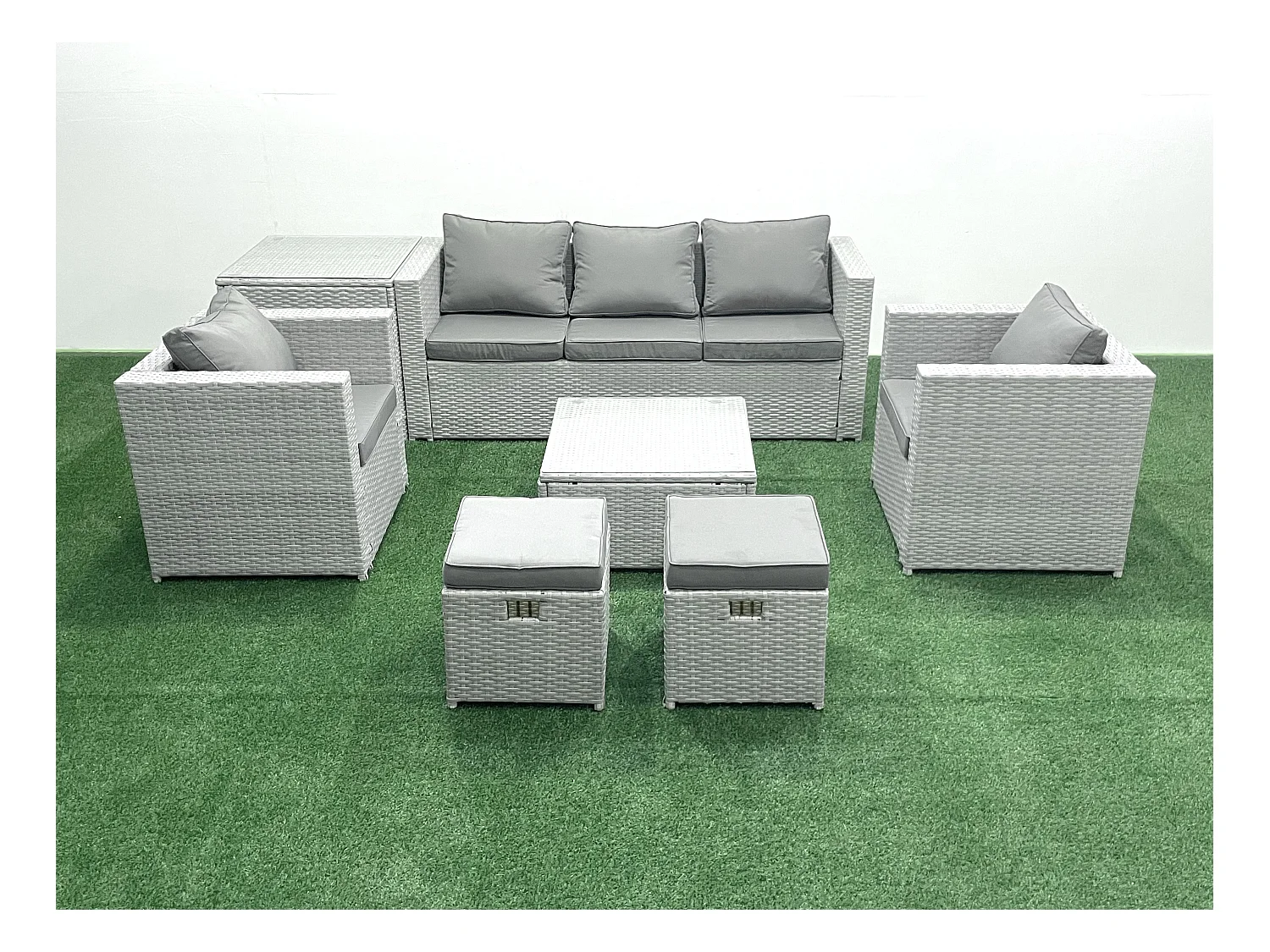 7 places Salon de jardin avec Canapé 3 places 2 Chaise Table basse carrée 2 Petits tabourets Table d'appoint Gris clair mixte