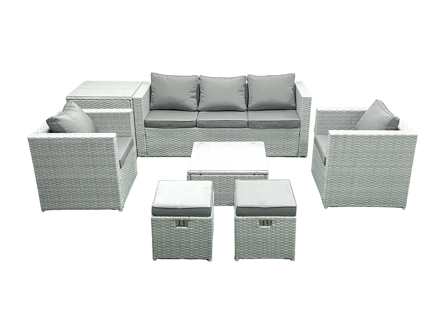 7-Sitzer Polyrattan Gartenmöbel Set mit 3-Sitzer Sofa 2 Sesseln Quadratischer Couchtisch 2 kleine Fußhockern Beistelltisch Hellgrau gemischt
