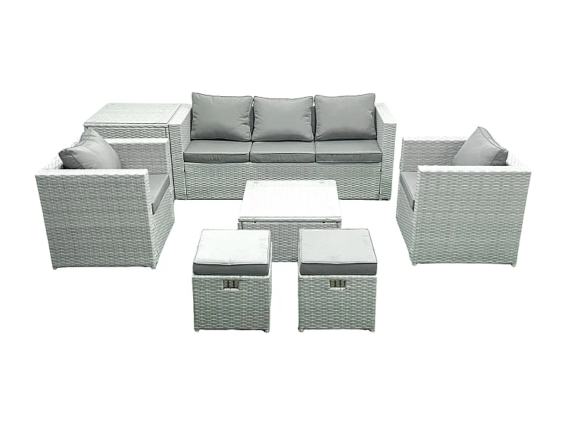 7-Sitzer Polyrattan Gartenmöbel Set mit 3-Sitzer Sofa 2 Sesseln Quadratischer Couchtisch 2 kleine Fußhockern Beistelltisch Hellgrau gemischt