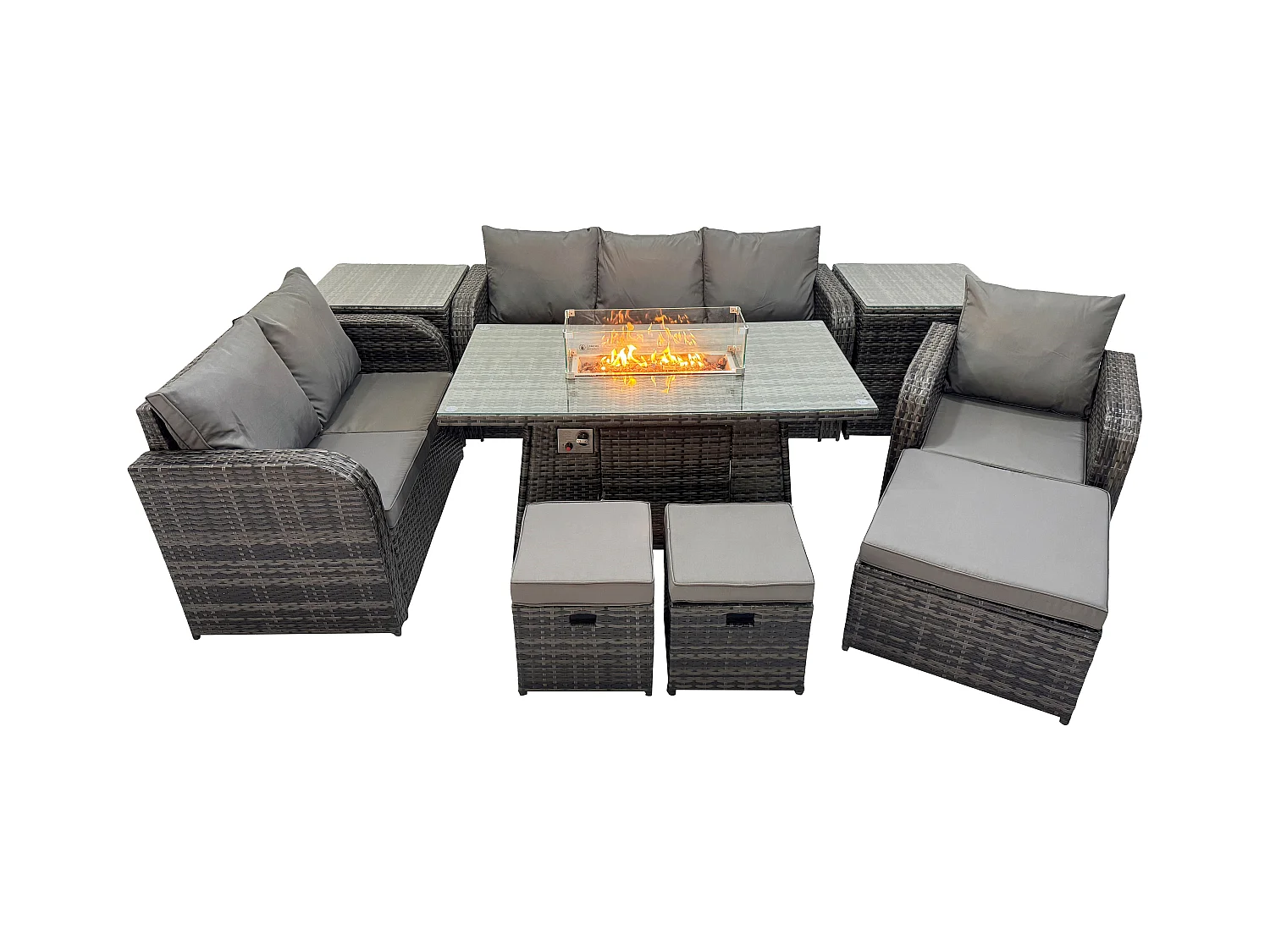 Polyrattan Gartenmöbel Set Garten Sofa im Freien Gasfeuerstelle Esstisch und Sofa Sessel set mit 2 Beistelltischen 3 Hockern