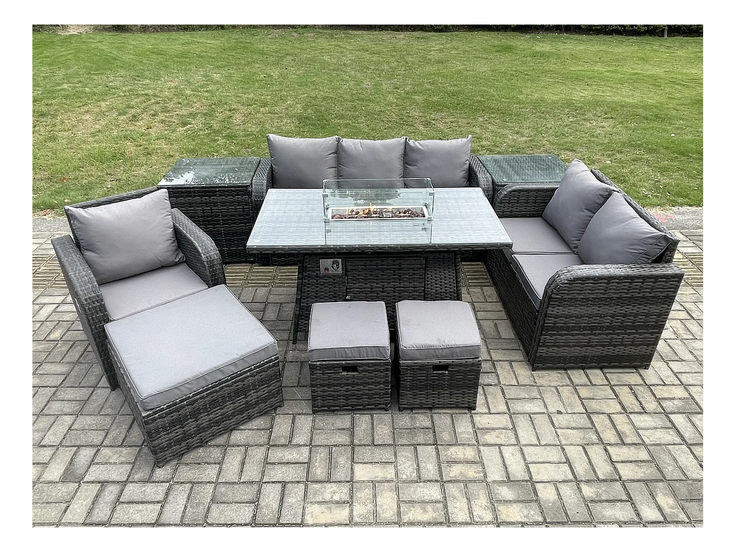 Polyrattan Gartenmöbel Set Garten Sofa im Freien Gasfeuerstelle Esstisch und Sofa Sessel set mit 2 Beistelltischen 3 Hockern