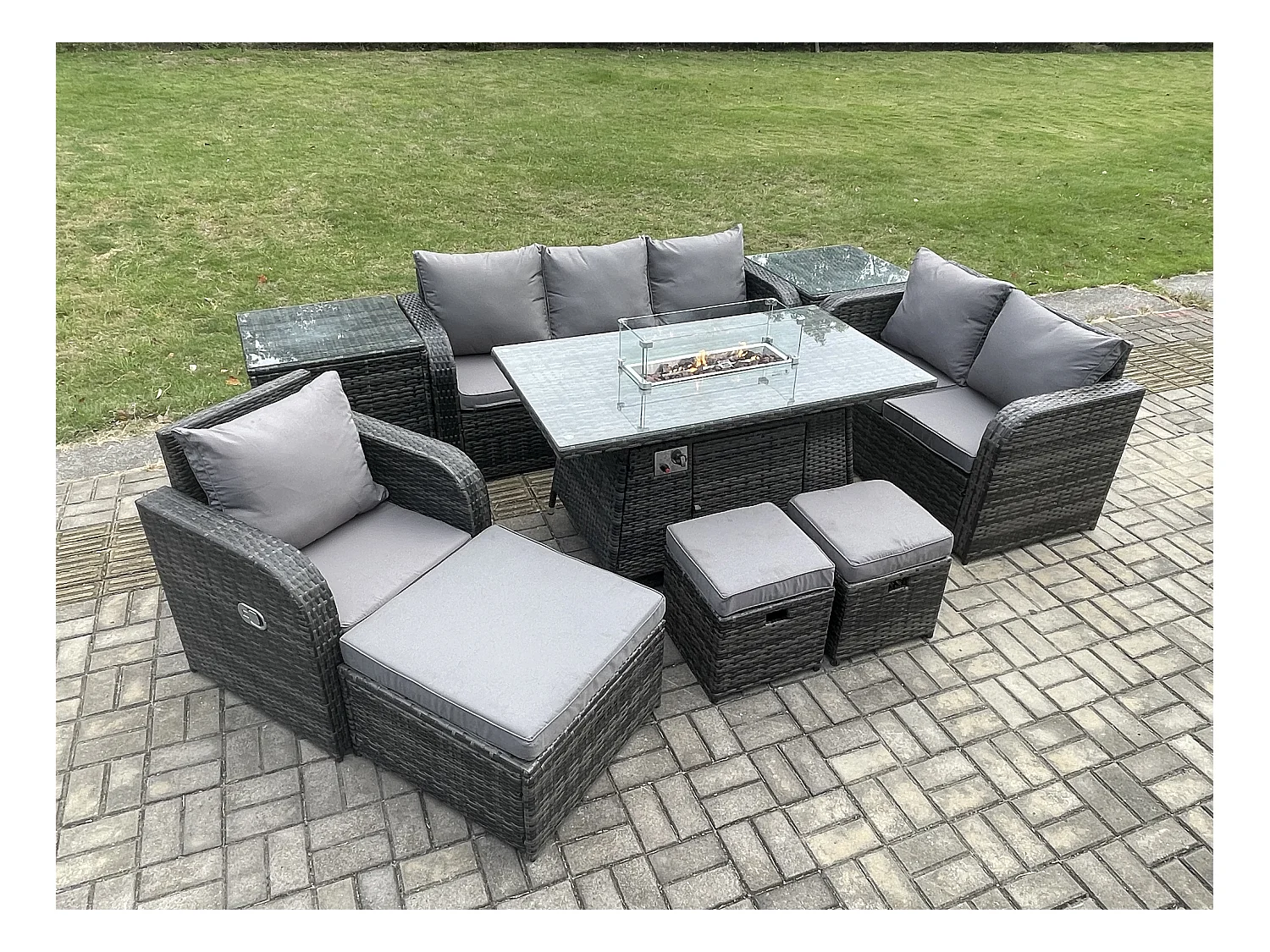 Polyrattan Gartenmöbel Set Garten Sofa im Freien Gasfeuerstelle Esstisch und Sofa Sessel set mit 2 Beistelltischen 3 Hockern