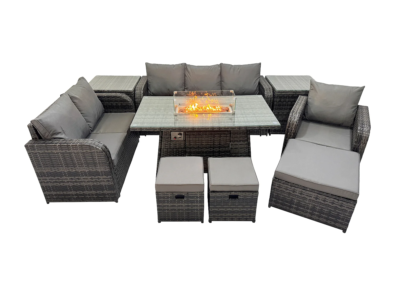 Polyrattan Gartenmöbel Set Garten Sofa im Freien Gasfeuerstelle Esstisch und Sofa Sessel set mit 2 Beistelltischen 3 Hockern