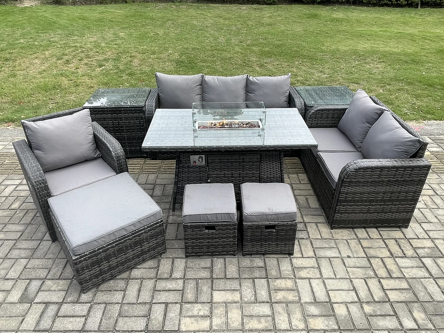 Polyrattan Gartenmöbel Set Garten Sofa im Freien Gasfeuerstelle Esstisch und Sofa Sessel set mit 2 Beistelltischen 3 Hockern