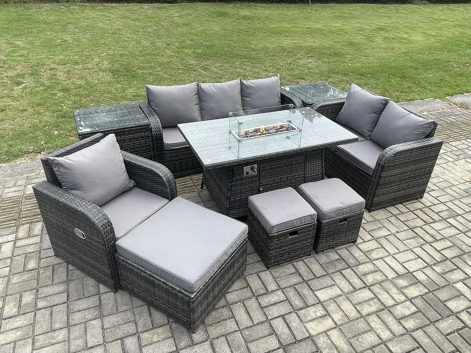 Polyrattan Gartenmöbel Set Garten Sofa im Freien Gasfeuerstelle Esstisch und Sofa Sessel set mit 2 Beistelltischen 3 Hockern