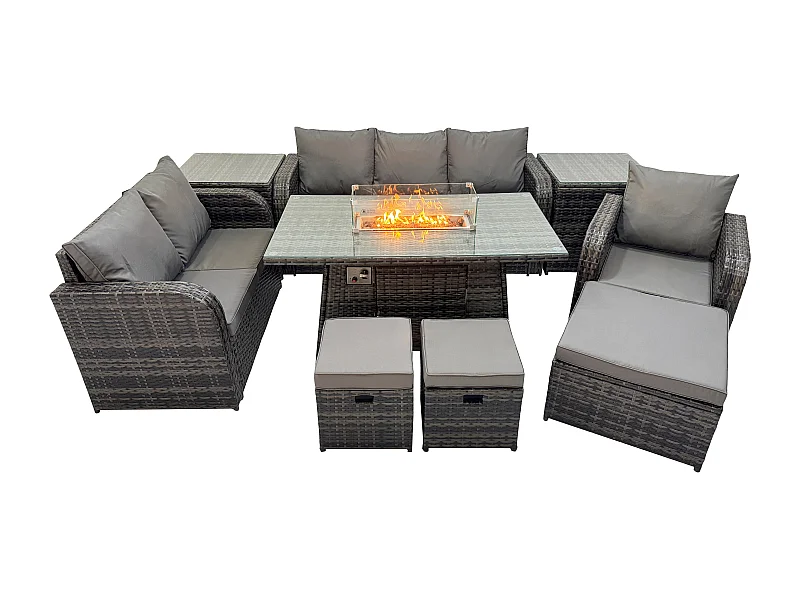 Polyrattan Gartenmöbel Set Garten Sofa im Freien Gasfeuerstelle Esstisch und Sofa Sessel set mit 2 Beistelltischen 3 Hockern