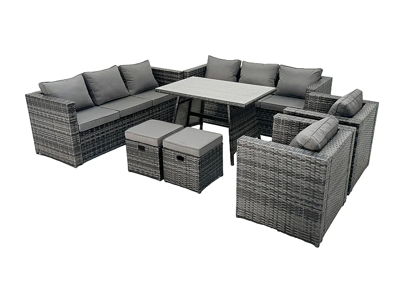 Rattan Garten Outdoor Möbel Sofa Garten Esstisch Set mit Patio Esstisch 2 Sesseln 2 kleine Fußhockern 10-Sitzer Dunkelgrau Gemischt