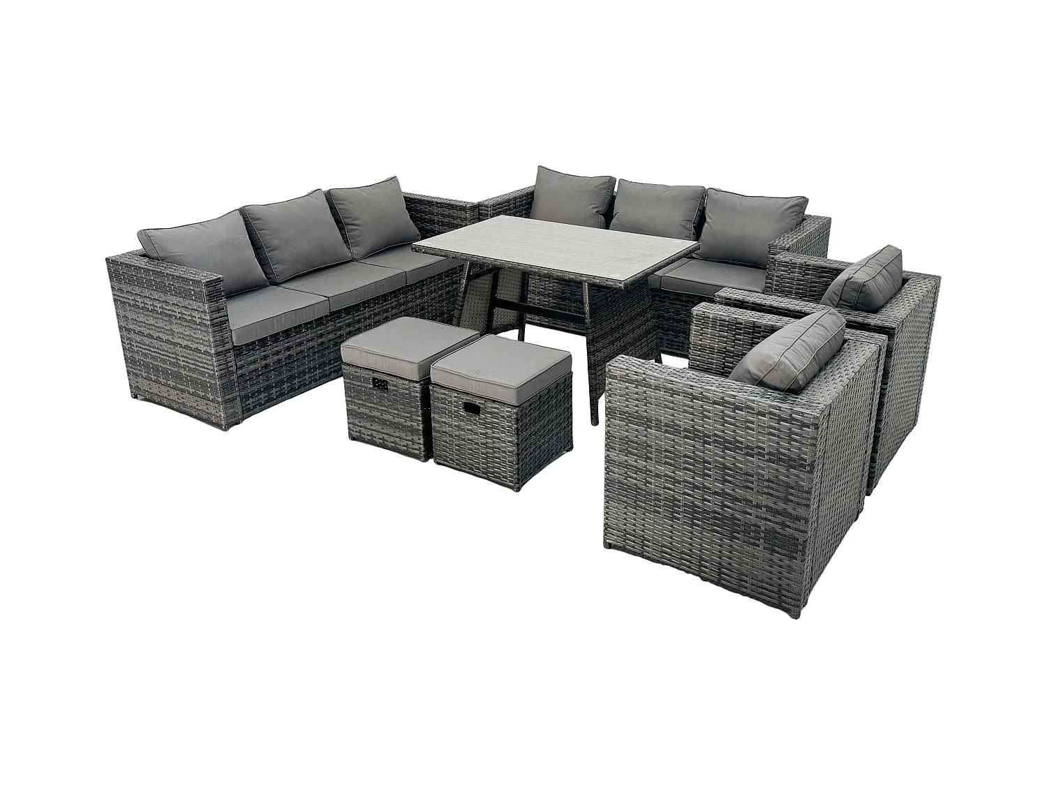 Rattan Garten Outdoor Möbel Sofa Garten Esstisch Set mit Patio Esstisch 2 Sesseln 2 kleine Fußhockern 10-Sitzer Dunkelgrau Gemischt