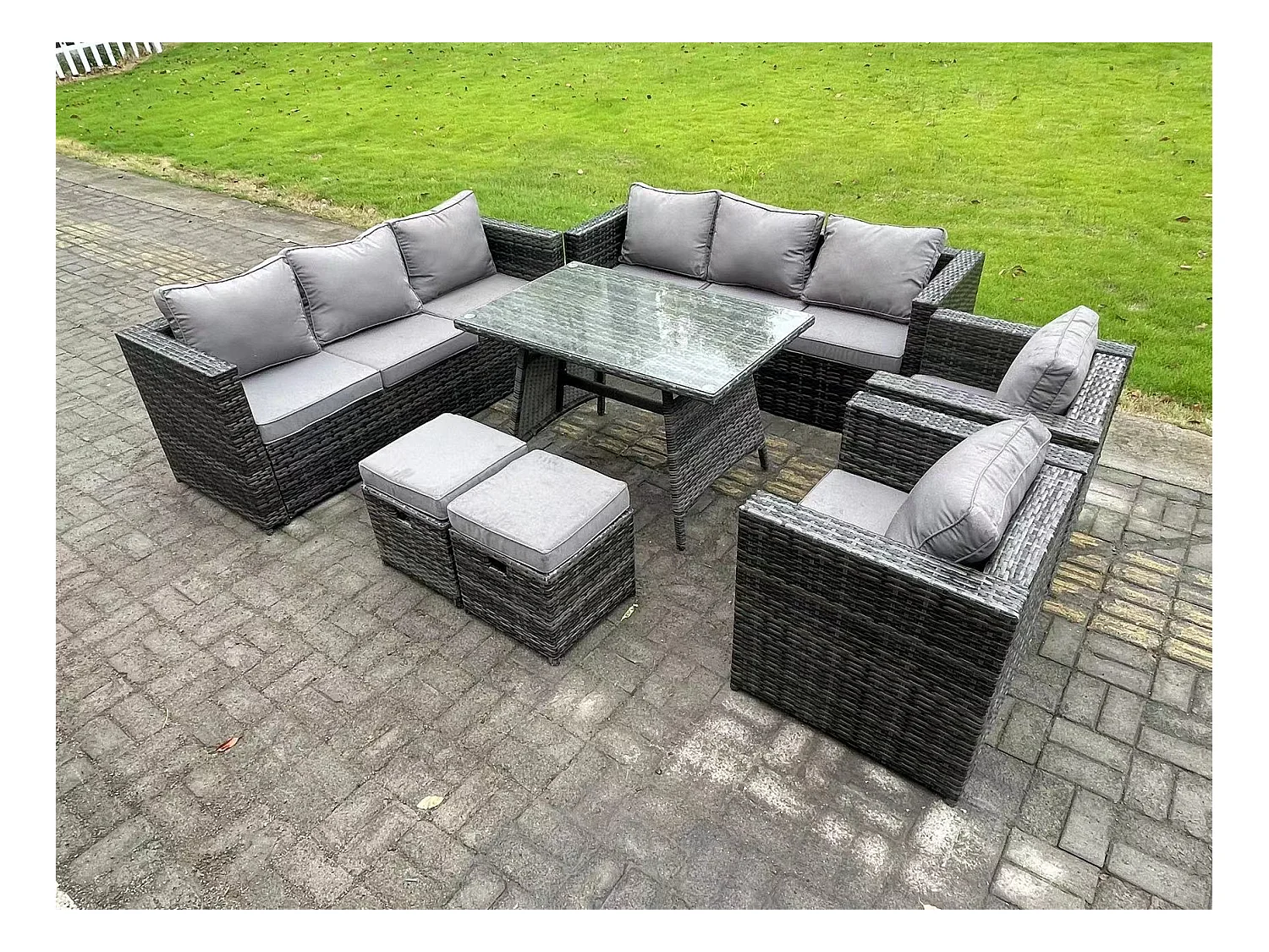Rattan Garten Outdoor Möbel Sofa Garten Esstisch Set mit Patio Esstisch 2 Sesseln 2 kleine Fußhockern 10-Sitzer Dunkelgrau Gemischt