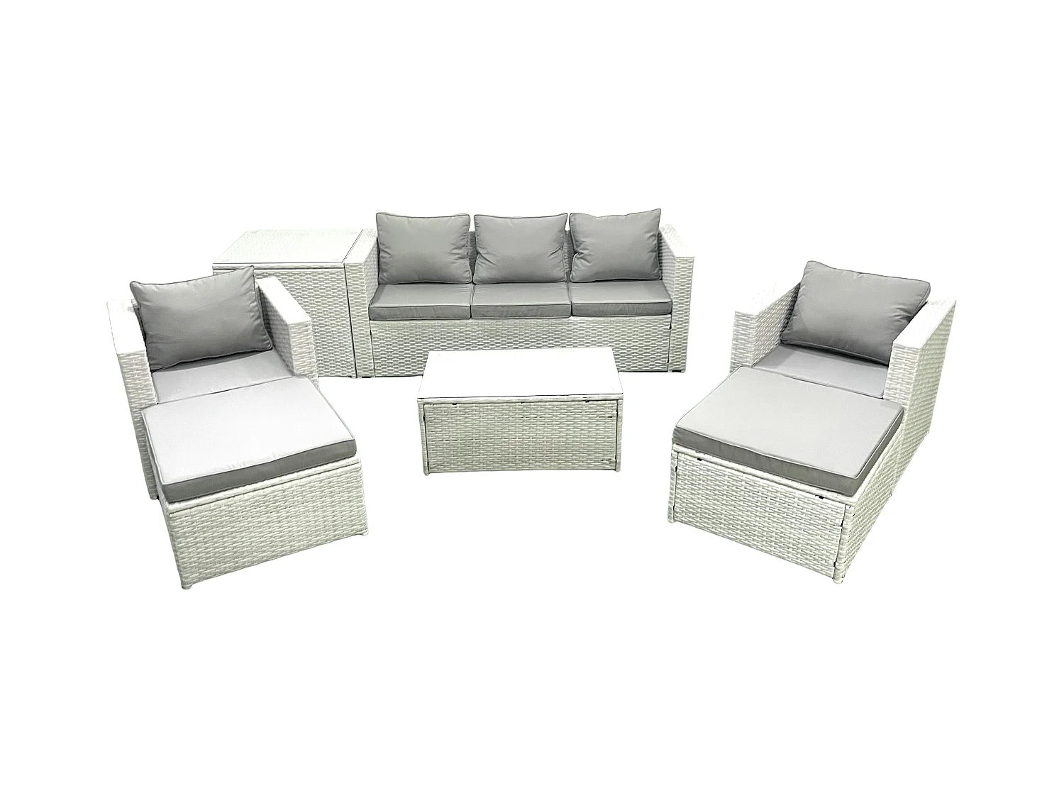 Salon de jardin avec Canapé 3 places 2 Chaise Table basse rectangulaire 2 Grand tabourets Table d'appoint Gris clair mixte 7 places