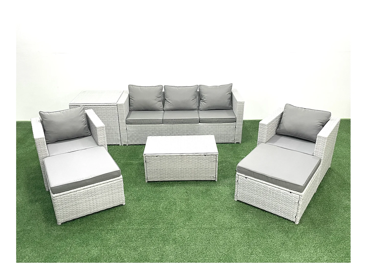 Salon de jardin avec Canapé 3 places 2 Chaise Table basse rectangulaire 2 Grand tabourets Table d'appoint Gris clair mixte 7 places