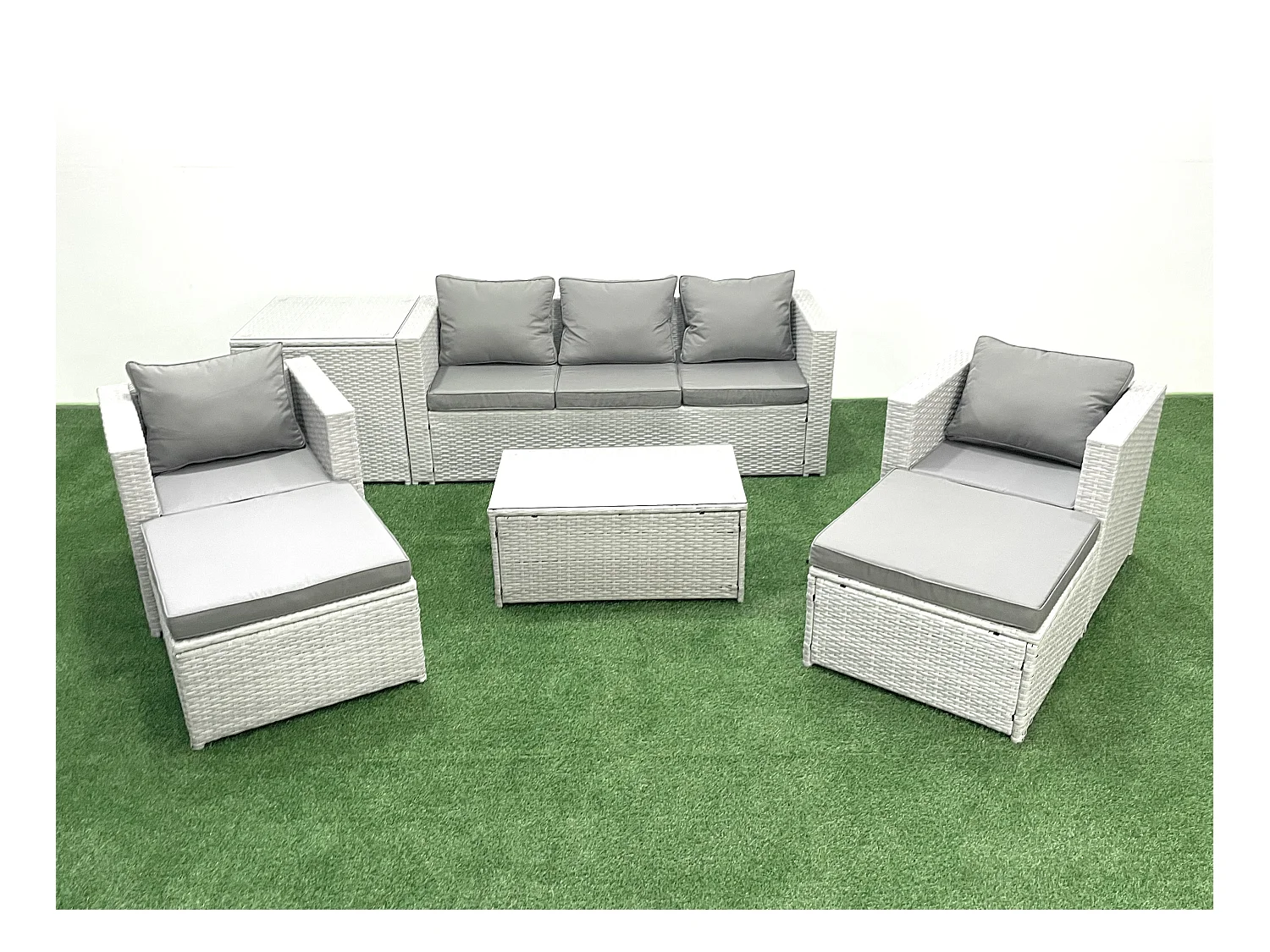 Salon de jardin avec Canapé 3 places 2 Chaise Table basse rectangulaire 2 Grand tabourets Table d'appoint Gris clair mixte 7 places