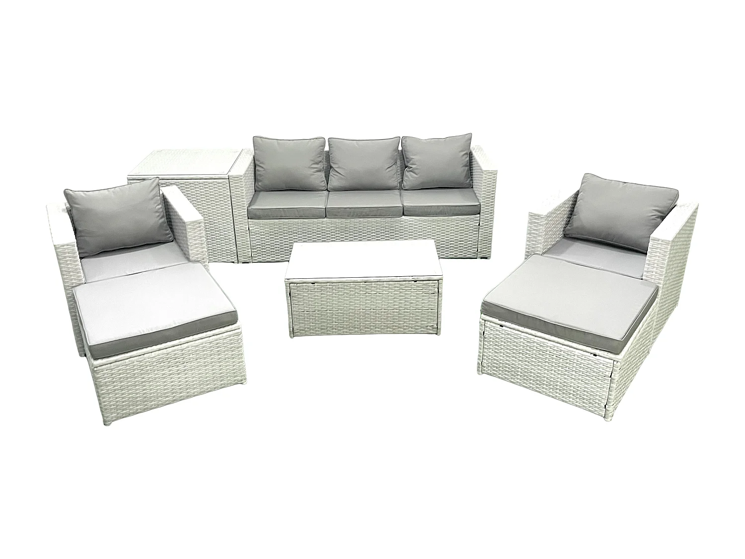 Polyrattan Gartenmöbel Set mit 3-Sitzer Sofa 2 Sesseln Rechteckiger Couchtisch 2 hohen Hockern Beistelltisch Hellgrau gemischt 7-Sitzer