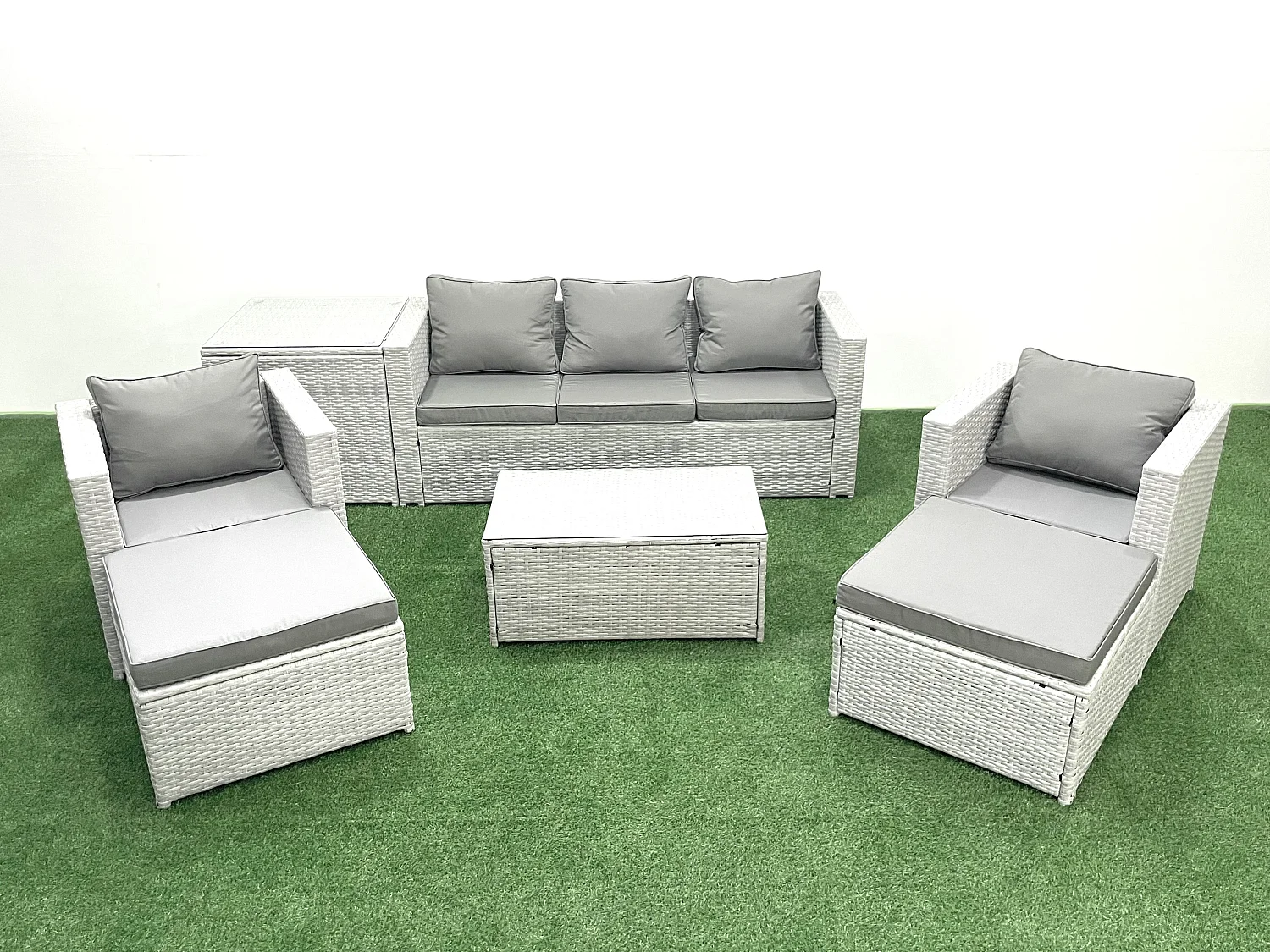 Polyrattan Gartenmöbel Set mit 3-Sitzer Sofa 2 Sesseln Rechteckiger Couchtisch 2 hohen Hockern Beistelltisch Hellgrau gemischt 7-Sitzer