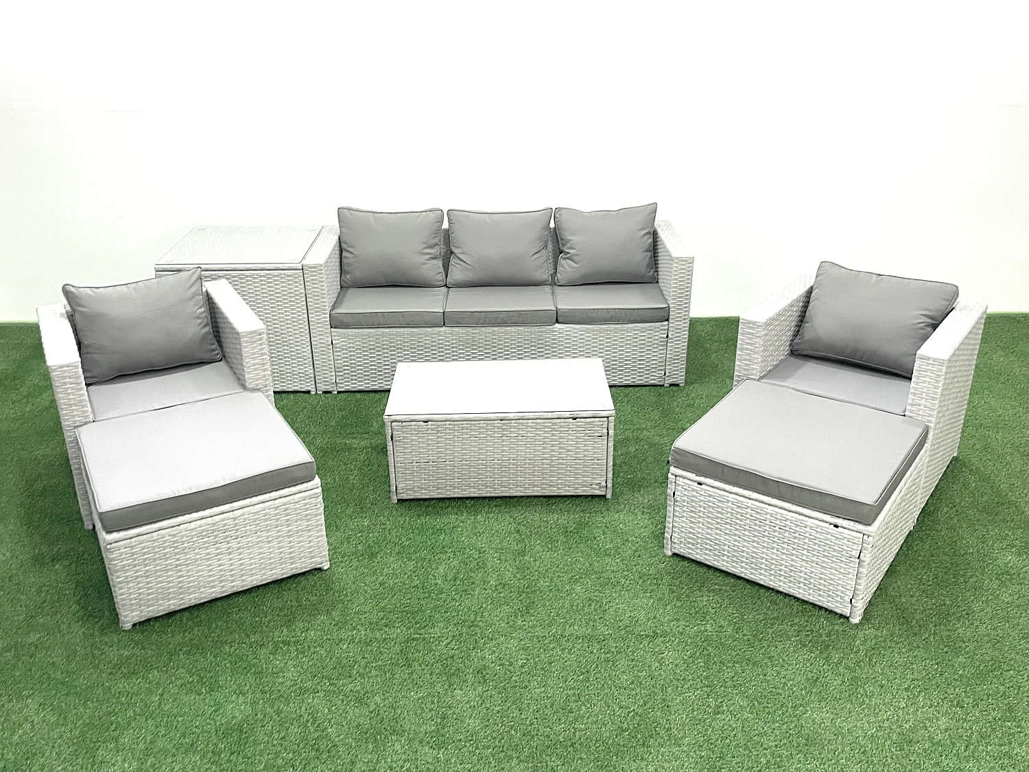 Polyrattan Gartenmöbel Set mit 3-Sitzer Sofa 2 Sesseln Rechteckiger Couchtisch 2 hohen Hockern Beistelltisch Hellgrau gemischt 7-Sitzer