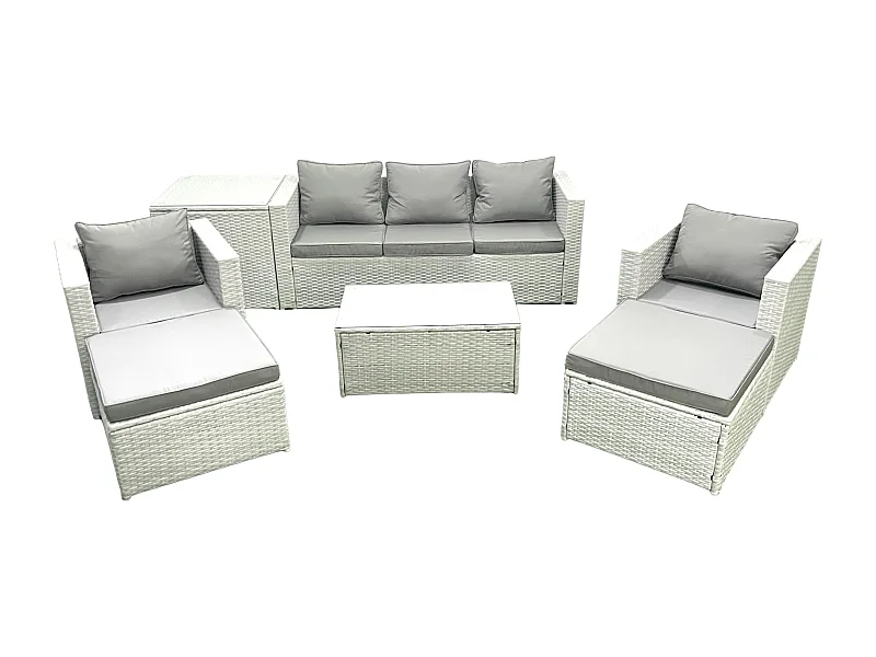 Polyrattan Gartenmöbel Set mit 3-Sitzer Sofa 2 Sesseln Rechteckiger Couchtisch 2 hohen Hockern Beistelltisch Hellgrau gemischt 7-Sitzer