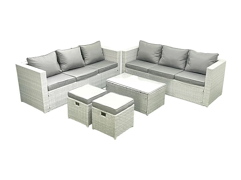 Ensemble de meubles d'extérieur en rotin 8 places avec 2 Petits tabourets Gris clair mixte