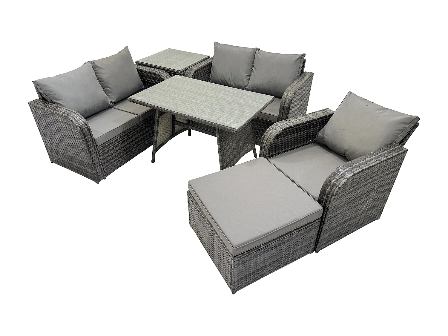 6 Stücke Polyrattan Gartenmöbel Set mit Esstisch Sesseln Love Sofa 2 Großer Hockern Beistelltisch Dunkelgrau Gemischt