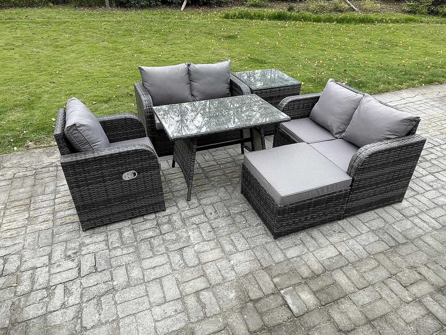 6 Stücke Polyrattan Gartenmöbel Set mit Esstisch Sesseln Love Sofa 2 Großer Hockern Beistelltisch Dunkelgrau Gemischt
