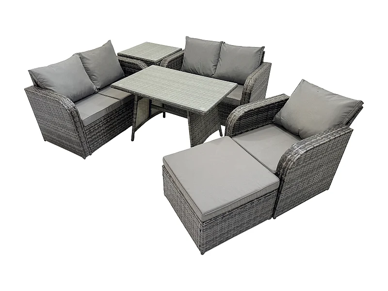 6 Stücke Polyrattan Gartenmöbel Set mit Esstisch Sesseln Love Sofa 2 Großer Hockern Beistelltisch Dunkelgrau Gemischt