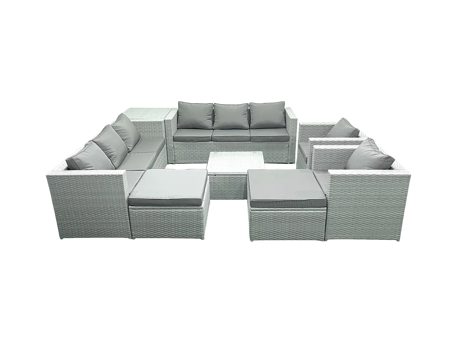 Salon de Jardin en rotin avec 2 Fauteuil Table basse carrée 2 Grand tabourets Table d'appoint Gris clair mixte