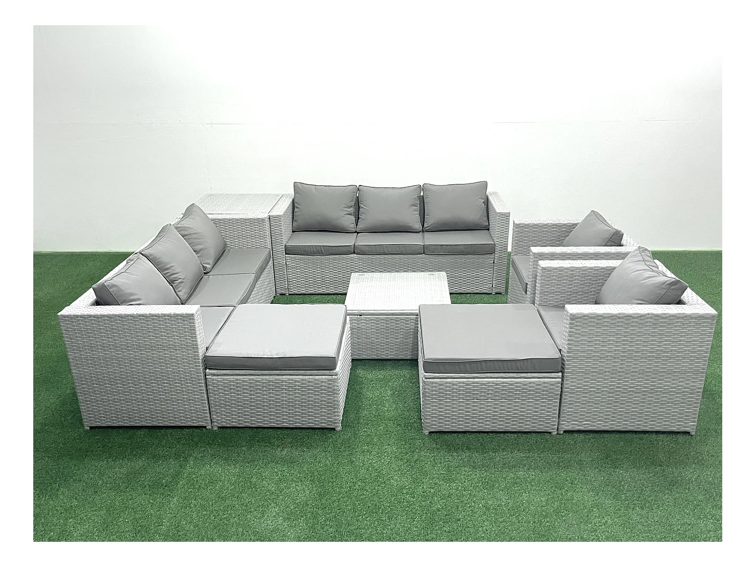 Salon de Jardin en rotin avec 2 Fauteuil Table basse carrée 2 Grand tabourets Table d'appoint Gris clair mixte