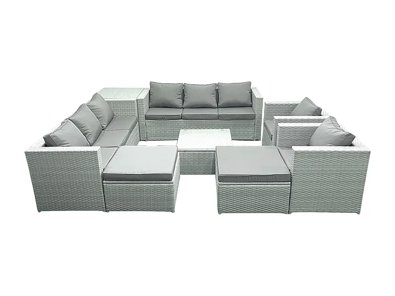 Salon de Jardin en rotin avec 2 Fauteuil Table basse carrée 2 Grand tabourets Table d'appoint Gris clair mixte