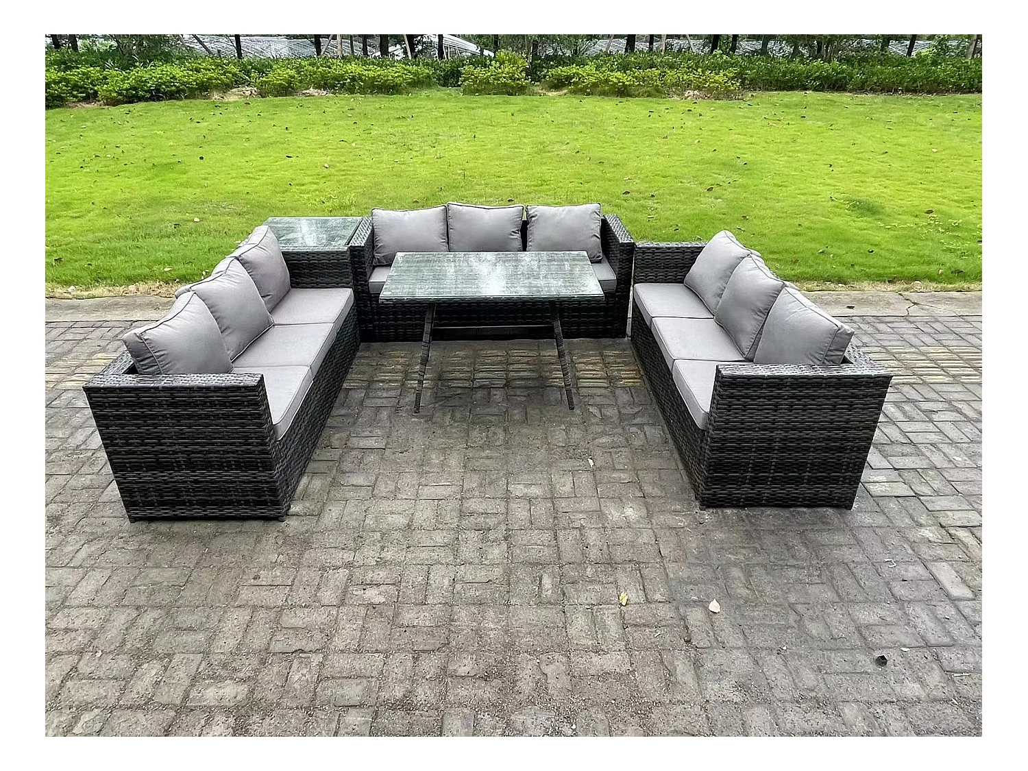 Ensemble de meubles de jardin en polyrotin Garden avec Table à manger Patio Table d'appoint 9 places Gris foncé mixte