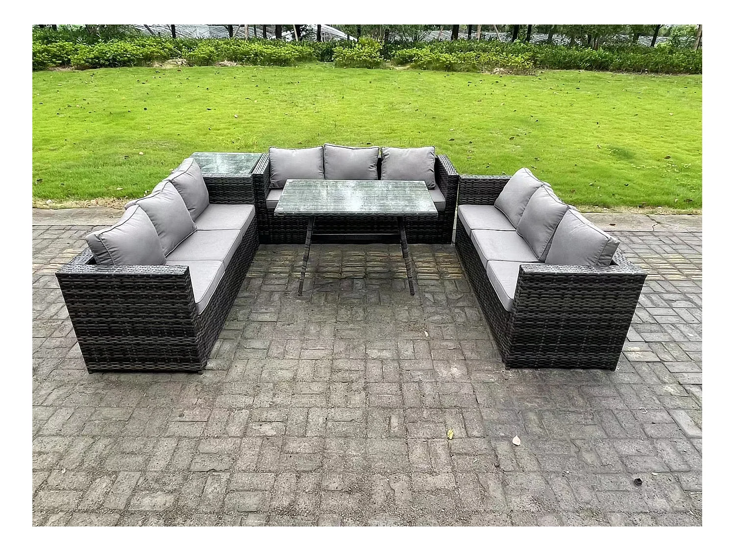 Ensemble de meubles de jardin en polyrotin Garden avec Table à manger Patio Table d'appoint 9 places Gris foncé mixte