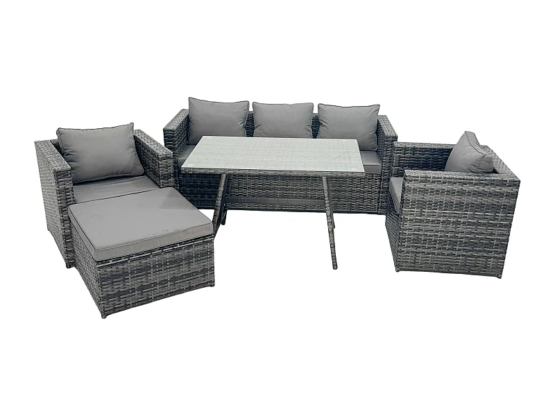 Grau Lounge Rattan Sofa Esstisch Set mit Sesseln Gartenmöbel Outdoor
